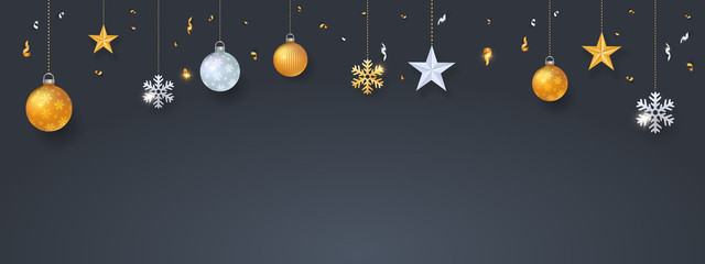 Fototapeta na wymiar Dark grey christmas background with balls and stars decoration vector illustration