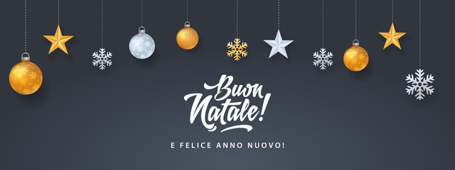 Fototapeta na wymiar Buon Natale - Merry Christmas in Italian language black card template with decoration elements, snowflakes, stars and calligraphy