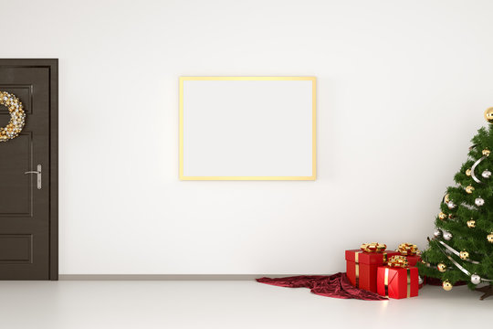 Mock up canvas poster Gold frame with door, Christmas wreath, Christmas tree and gift box. White wall Background.