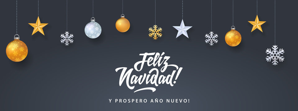 Feliz Navidad - Merry Christmas in spanish language black card template design elements, snowflakes, stars and calligraphy