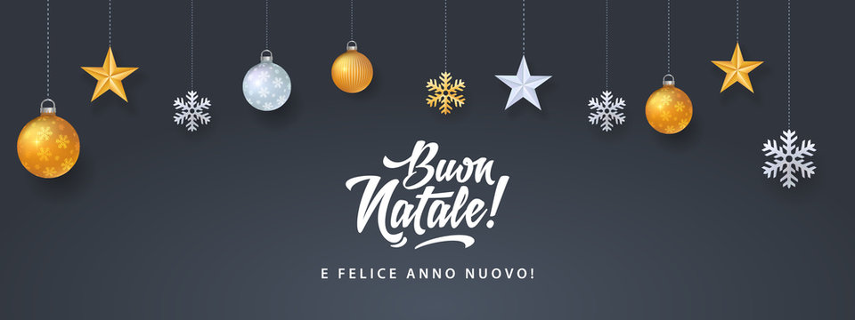 Buon Natale - Merry Christmas in Italian language black card template with decoration elements, snowflakes, stars and calligraphy
