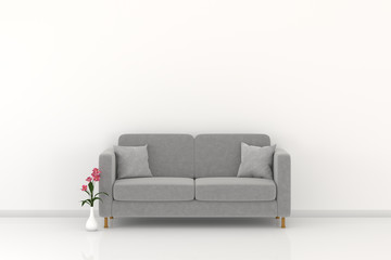 Mock up living room with gray couch sofa, pillow and flower. Clean white wall Background.