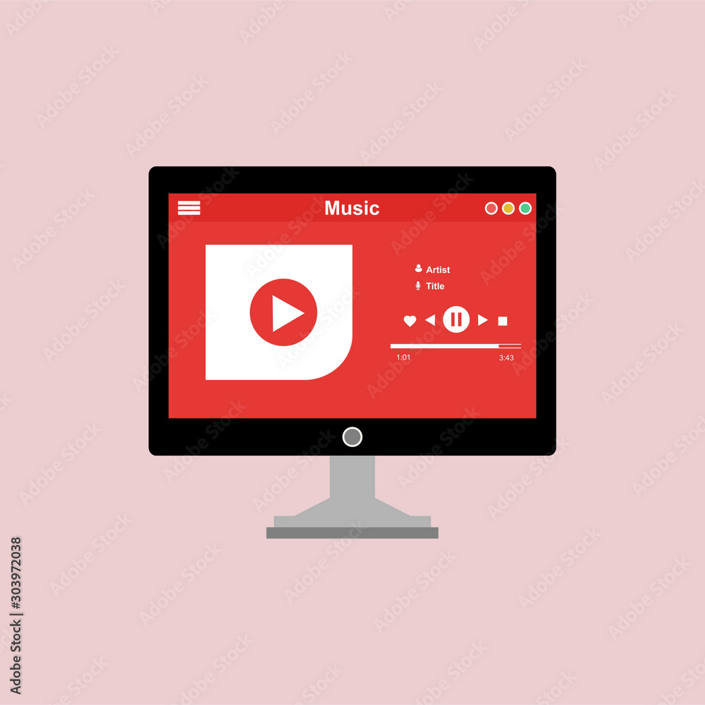 Poster music player app interface vector color template. media player navigation screen. flat ui, gui. play