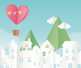 happy valentines day origami paper air balloon heart balloons mountains clouds cityscape