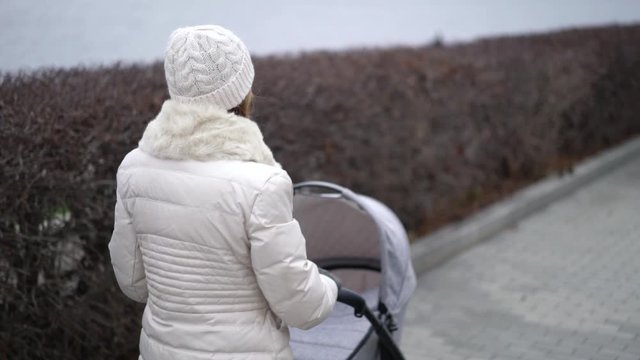 Young mother walking with a child in pram. Autumn season