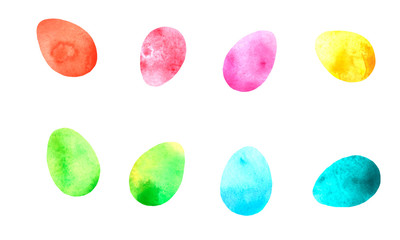 Set of simple watercolor eggs. Bright, light Easter backgrounds and textures. Christ is risen. Uneven edge