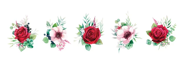 Papier Peint photo Des fleurs Bouquets romantiques floraux pour invitation de mariage ou carte de voeux. Rose rouge et fleur d& 39 anémone, feuilles de verdure. ensemble d& 39 éléments.