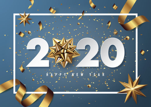 Merry christmas and happy new year 2020 vector greeting card and poster design with golden ribbon and star.