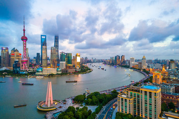 Fototapeta na wymiar Aerial view of Shanghai skyline at dusk,China.