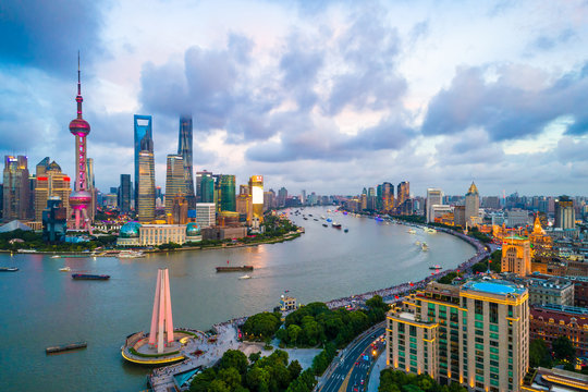 Aerial view of Shanghai skyline at dusk,China.