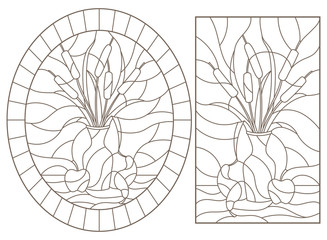 Set of contour illustrations of stained glass Windows with still lifes, vase with reeds and fruit, dark outlines on a white background
