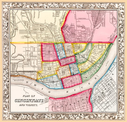 Map of Cincinnati circa 1863, restored reproduction.