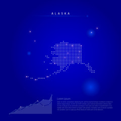 Fototapeta na wymiar Alaska US state illuminated map with glowing dots. Infographics elements. Dark blue space background. Vector illustration. Growing chart, lorem ipsum text.