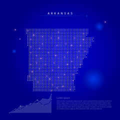 Arkansas US state illuminated map with glowing dots. Infographics elements. Dark blue space background. Vector illustration. Growing chart, lorem ipsum text.