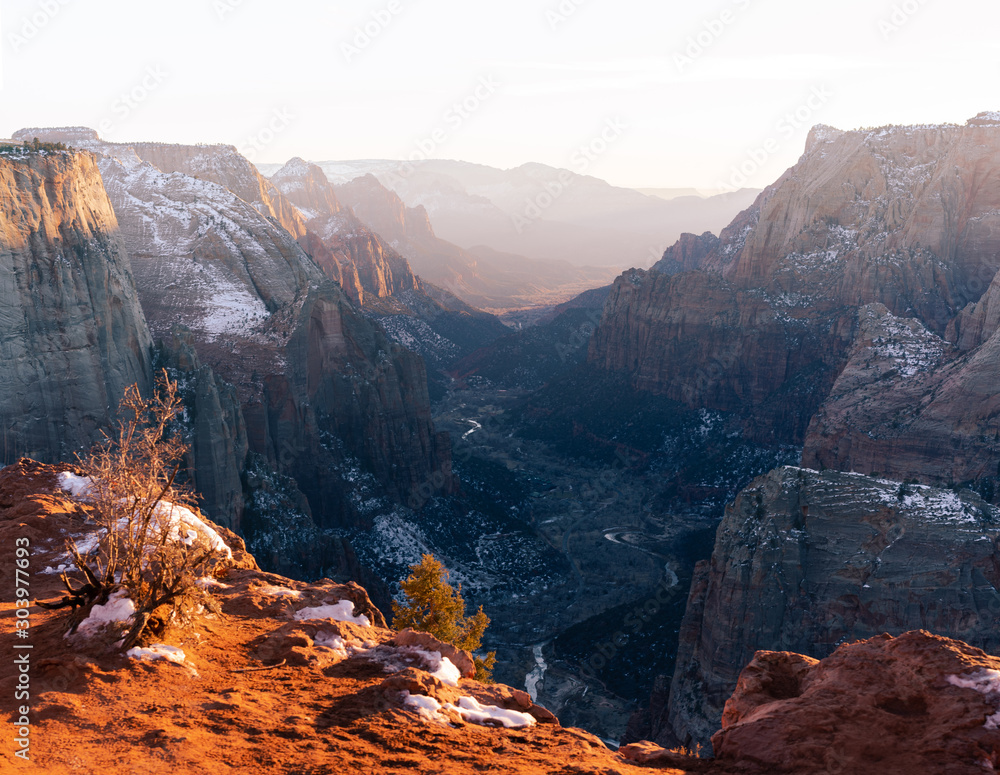 Sticker embracing a cold, winter day at zion national park in utah.