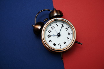 Top view alarm clock flat lay with space for copy