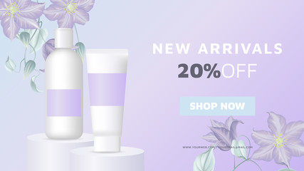 Cosmetics banner mockup template design, shampoo and conditioner bottles decorated with clematis flowers, purple tone