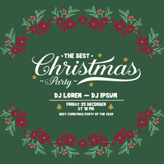 Text lettering of christmas party, with graphic plant of green leafy flower frame. Vector