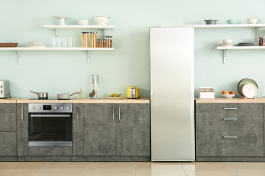 Big Modern Fridge In Interior Of Kitchen