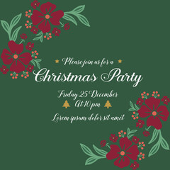 Greeting card template christmas party, with wallpaper ornate of red wreath frame. Vector