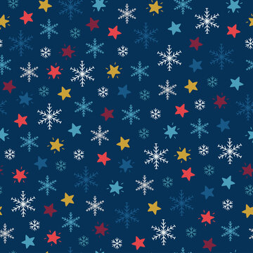 Christmas seamless pattern with multicolored snowflakes and stars on navy blue background.