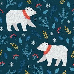 Christmas seamless pattern with polar bears on dark cyan background.