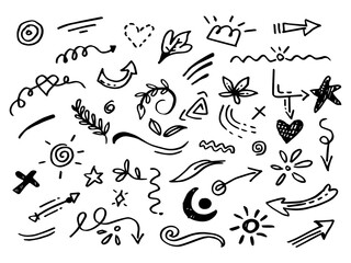 Vector hand drawn collection of design element. curly swishes, swoops, swirl, arrow, heart, love, crown, leaf, star, sun burst, firework, highlight text and emphasis element. use for concept design