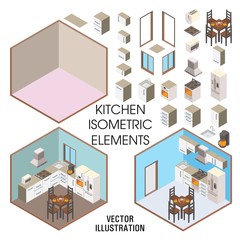 Kitchen interior constructor, vector flat isometric illustration