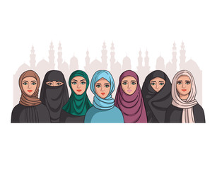 Vector colored illustration with eastern women on the background of the Arab city. Muslim women in traditional clothes