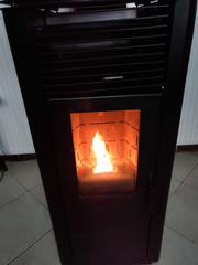 pellet heater flames hot in winter day