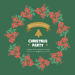 Invitation card lettering of christmas party, with vintage orange wreath frame drawing. Vector