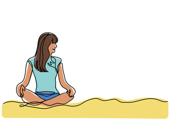 continuous line drawing of woman sitting on sand