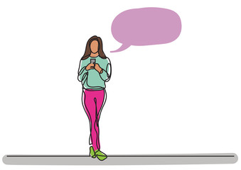 continuous line drawing of woman standing with smart phone with speech bubble