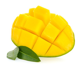 Piece of tasty mango fruit on white background