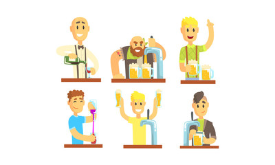 Fototapeta premium Barman Mixing and Pouring Alcoholic Beverages Vector Illustrations