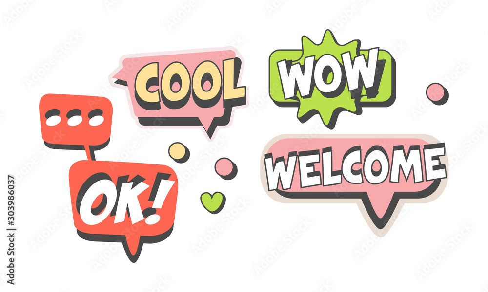 Poster speech labels with text vector set. flat shapes with words