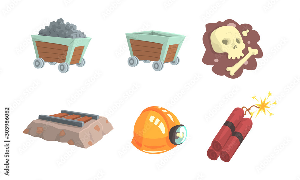 Poster gold mining attributes vector set. mineral crystal searching collection