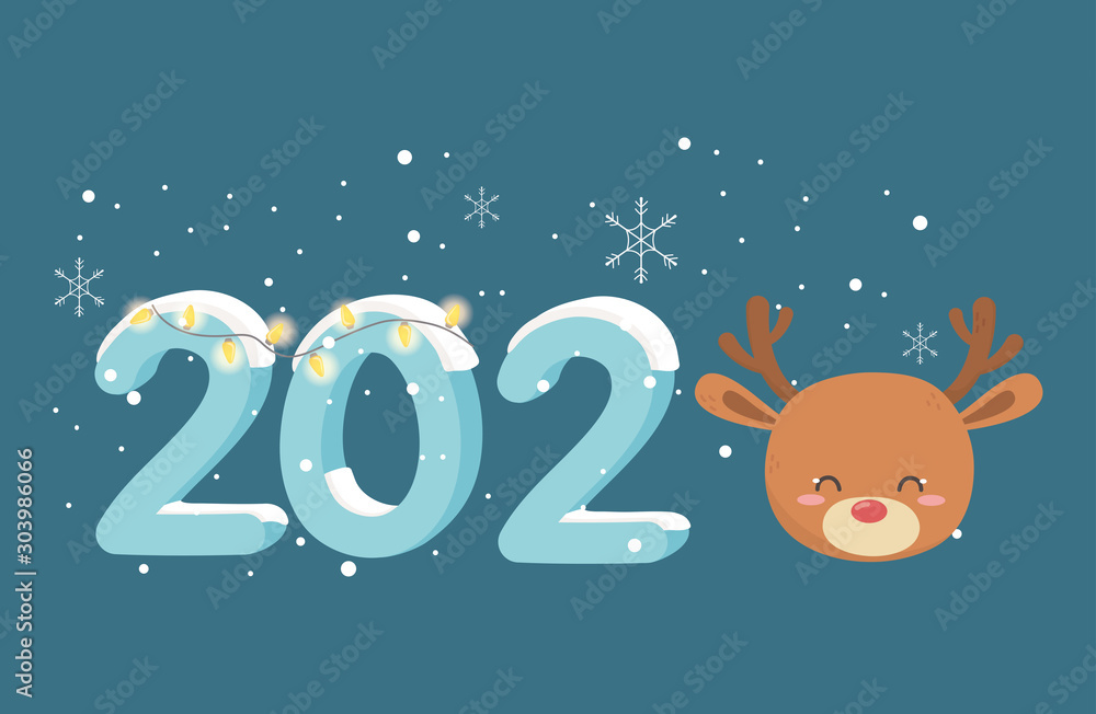 Poster happy new year 2020 celebration reindeer head lights snowflakes