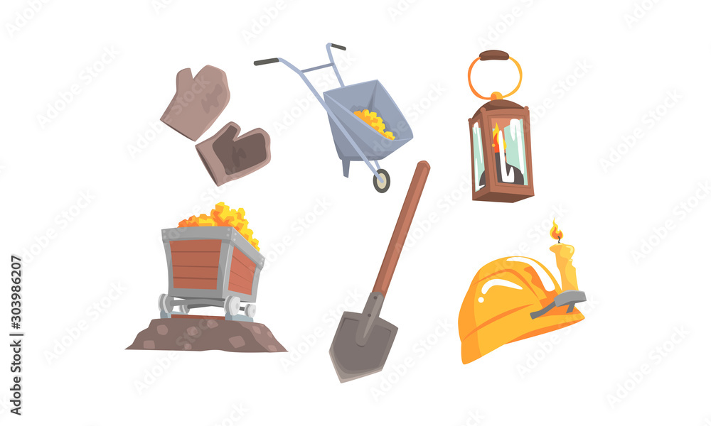 Poster gold mining attributes vector set. mineral crystal searching collection