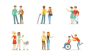 Fototapeta na wymiar Disabled and Old People and Friends Helping Them Vector Illustrations