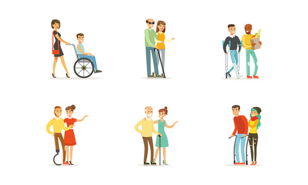 Disabled and Old People and Friends Helping Them Vector Illustrations