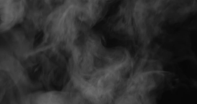 Texture Hot Steam Eddies. White Steam rises from a large pot that is behind the scenes. Black background. Filmed at a speed of 120fps