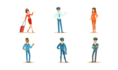 Fototapeta na wymiar Aircraft Staff Characters. Pilot and Stewardess at Work Vector Illustrations Set