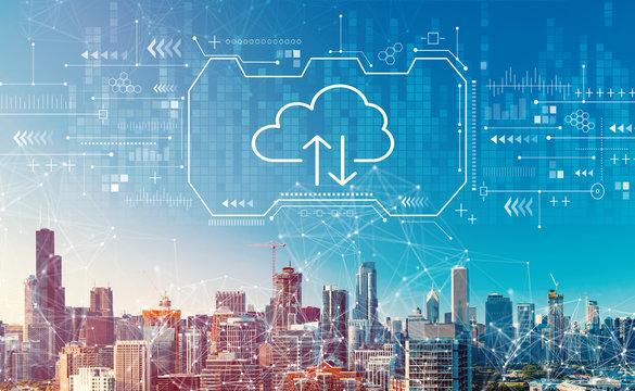 Cloud computing with downtown Chicago cityscape skyscrapers