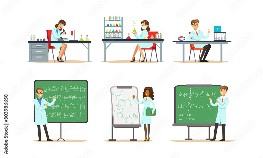 Poster scientists doing researches and calculations in the laboratory vector illustrations set