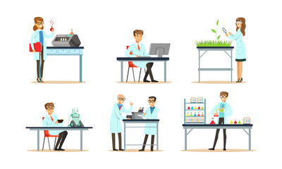 Scientists Doing Researches and Calculations in the Laboratory Vector Illustrations Set