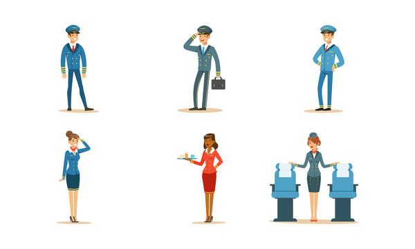 Aircraft Staff Characters. Stewardess Serving Drinks on the Plane Vector Illustrations Set