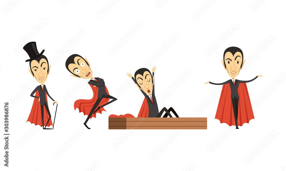 Poster count dracula cartoon character in different poses vector set