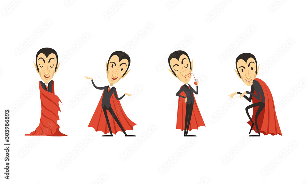 Poster count dracula cartoon character in different poses vector set