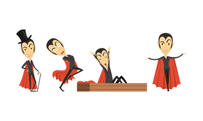 Count Dracula Cartoon Character in Different Poses Vector Set